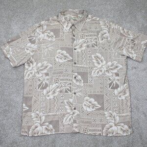 Batik Bay Hawaiian Shirt Mens XL Tan Floral Geometric 100% Rayon S/S Button Up